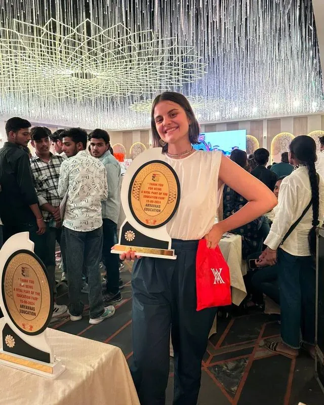 Angelina Korkashvili at an international education fair in India, representing Avicenna Batumi Medical University